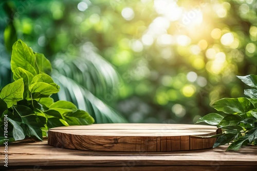 Empty round wooden podium on wooden table with blurred tropical green nature background