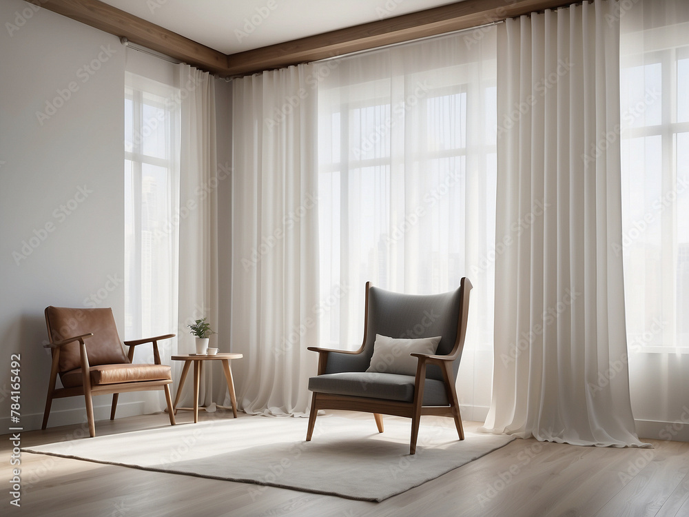 Fototapeta premium Contemporary Elegance, Large White Light Filtering Curtains with Modern Armchair