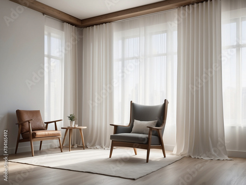 Contemporary Elegance  Large White Light Filtering Curtains with Modern Armchair