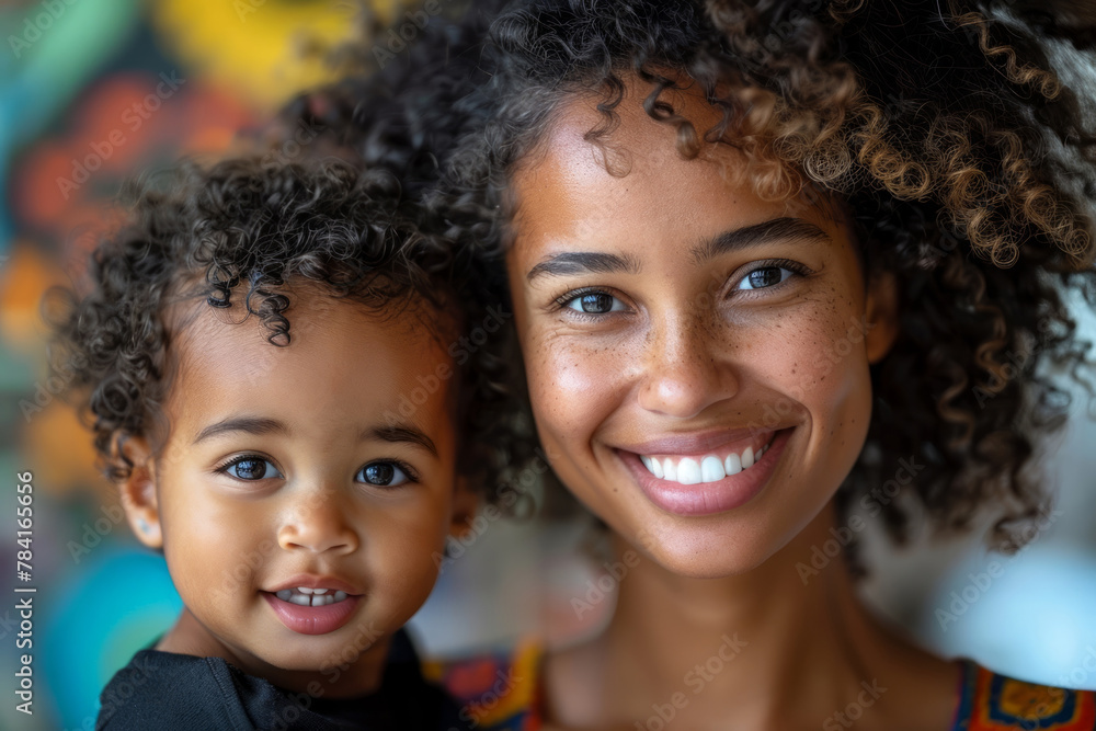 A cheerful mother with curly hair smiling broadly while gently holding her young child, who shares similar features A cheerful mother with curly hair smiling broadly while gently holding her young child, who shares similar features