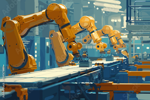 Futuristic robotic arms assembling products on automated factory line, industrial automation concept