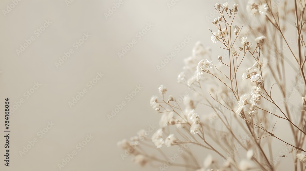 Boho style background with neutral pastel color style and natural floral elements. Aesthetic minimalism design for social media content. Simple beige chic elements. Calming and serene atmosphere