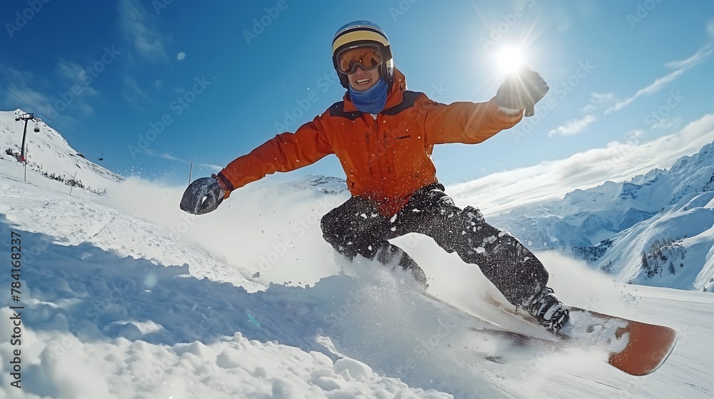 An athlete in a ski suit, he plunges down the slopes of a snowy mountain. gopro camera, in a photo journalism. For sport, snow, skiing An athlete in a ski suit, he plunges down the slopes of a snowy mountain. gopro camera, in a photo journalism. For sport, snow, skiing