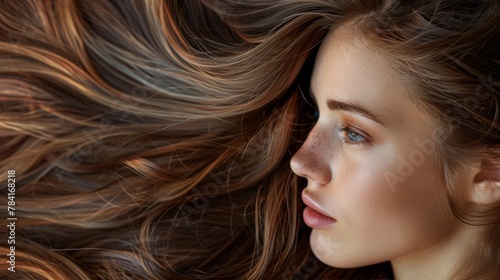 Artistic portrait of a girl with beautiful brown hair, focusing on the volume and health of her locks