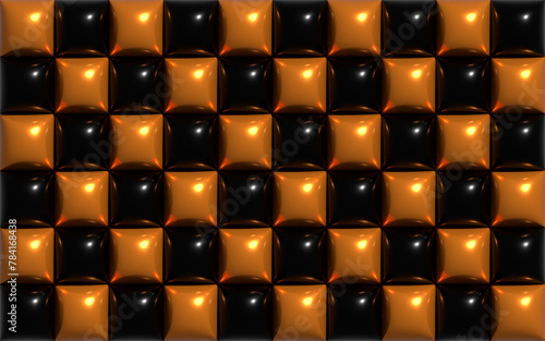3d inflated checkerboard background. Shiny orange and black color. Realistic geometric pattern. Orange and black color.