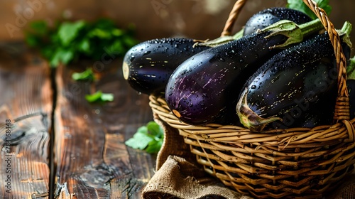 Fresh raw eggplant in a basket over wooden background. Eggplant harvest season concept. Vegetables for a healthy diet. Close up photo