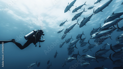 Diver among a school of fish underwater, blue tones.