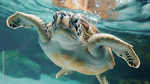 Sea turtle swimming near the surface with bubbles and underwater view.