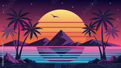 vector-summer-background-with-sunset vector illustration  photo