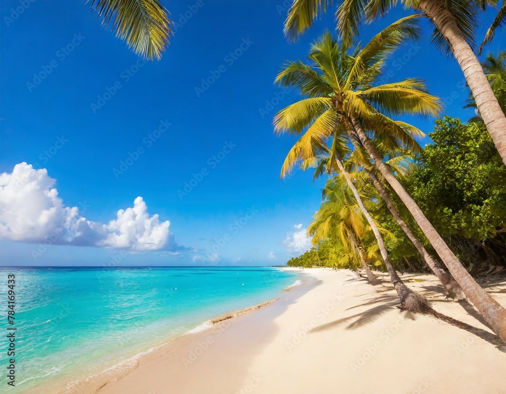 Sunny tropical Caribbean beach with palm trees and turquoise water, caribbean island vacation, hot summer day