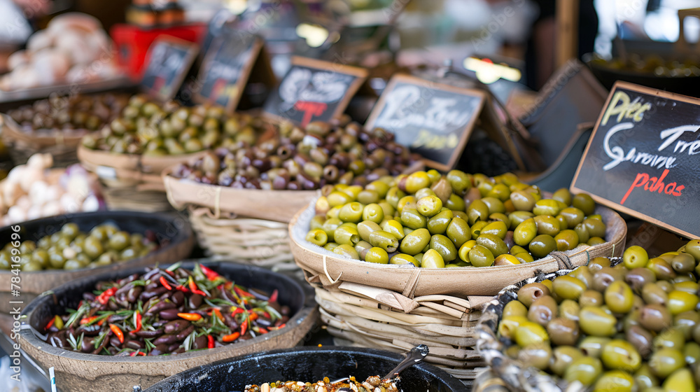 olives on market, A variety of French delicacies like olives, tapenade and marinated garlic on a local market in Bedoin, France - obrazy, fototapety, plakaty 