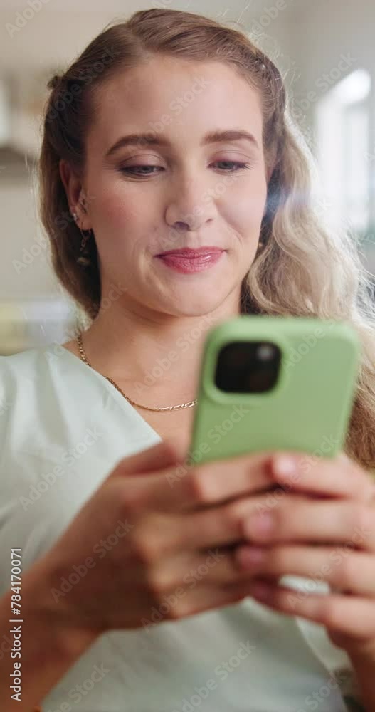Relax, home and woman typing with phone for communication, networking or internet connection. Smile, contact and girl in apartment on smartphone for social media, online chat or checking mobile app Relax, home and woman typing with phone for communication, networking or internet connection. Smile, contact and girl in apartment on smartphone for social media, online chat or checking mobile app
