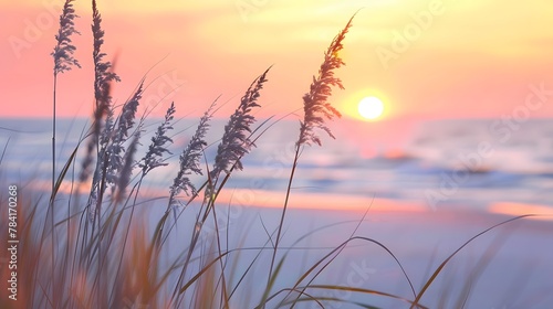 Selective soft focus of beach dry grass, reeds, stalks at pastel sunset light, blurred sea on background. Nature, summer.