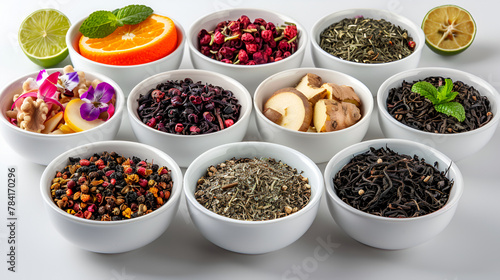 kinds of spices in bowls, Assortment of dry tea in white bowls. Tea types background: green, black, floral, herbal, mint, melissa, ginger, apple, rose, lime tree, fruits, orange, hibiscus, raspberry, 