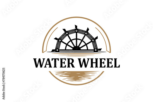 Classic old Noria wooden waterwheel from Syria or the arabic Middle East, logo design vector template label style.