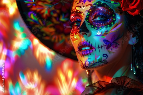Woman sugar skull ,neon light