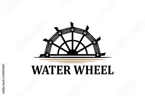 Classic old Noria wooden waterwheel from Syria or the arabic Middle East, logo design vector template label style. photo