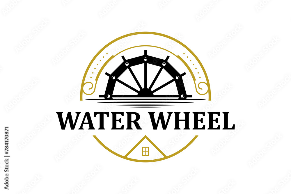 Classic old Noria wooden waterwheel from Syria or the arabic Middle East, logo design vector template label style. With roof house property. Classic old Noria wooden waterwheel from Syria or the arabic Middle East, logo design vector template label style. With roof house property.