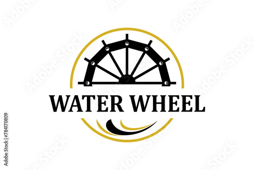Classic old Noria wooden waterwheel from Syria or the arabic Middle East, logo design vector template label style.