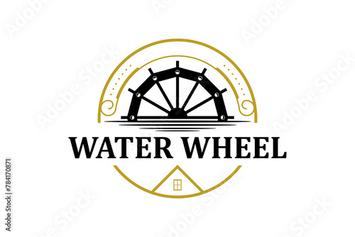 Classic old Noria wooden waterwheel from Syria or the arabic Middle East, logo design vector template label style. With roof house property.