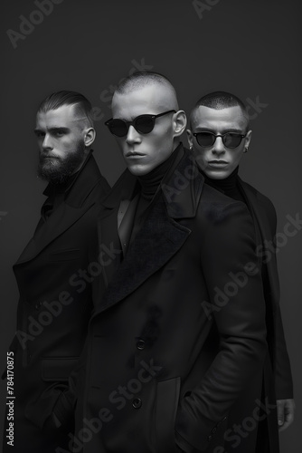 Three men in suits and sunglasses pose for a black and white photo