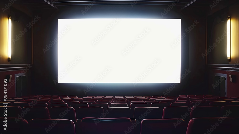 Blank white screen in an empty movie theater.