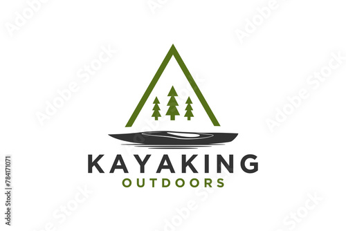 Nature outdoor adventure logo design, kayak wooden boat sport with mountain and pine tree shape illustration.