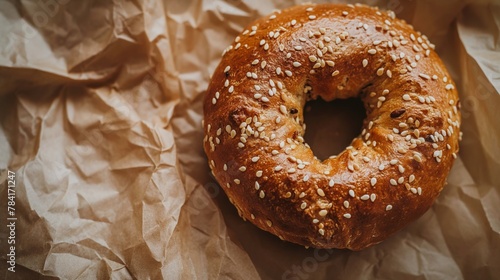 a sesame bagel on kraft paper, in the style of light brown, top view.