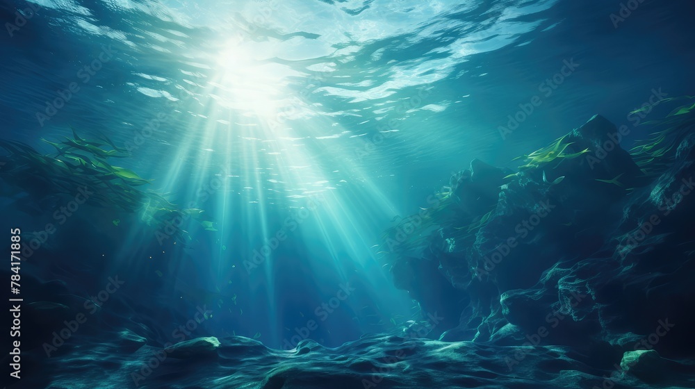 Deep into to sea. Underwater scene with bright beam pass through the surface. 3d rendering - Illustration - obrazy, fototapety, plakaty 