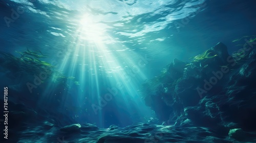 Deep into to sea. Underwater scene with bright beam pass through the surface. 3d rendering - Illustration © abida