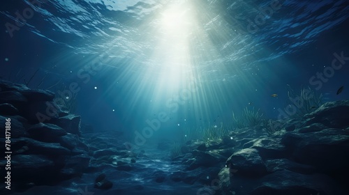 Deep into to sea. Underwater scene with bright beam pass through the surface. 3d rendering - Illustration