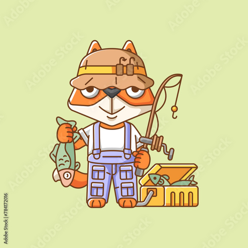 Cute fox fisher fishing animal chibi character mascot icon flat line art style illustration concept cartoon