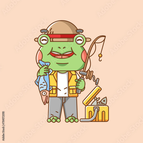 Cute frog fisher fishing animal chibi character mascot icon flat line art style illustration concept cartoon
