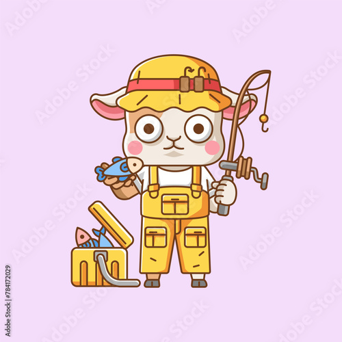 Cute goat fisher fishing animal chibi character mascot icon flat line art style illustration concept cartoon © Sabar