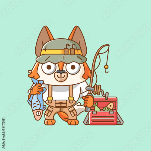 Cute fox fisher fishing animal chibi character mascot icon flat line art style illustration concept cartoon