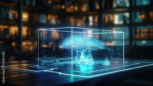 Double exposure of table with computer on background and data theme hologram. Data technology concept.