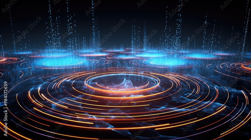 Music waves. Big data concept. digital neural network. Introduction of artificial intelligence. Cyberspace of the future. Data analytics, blockchain technology. 3D illustration of circular paths Music waves. Big data concept. digital neural network. Introduction of artificial intelligence. Cyberspace of the future. Data analytics, blockchain technology. 3D illustration of circular paths