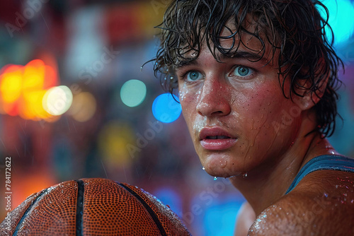 A man with wet hair is holding a basketball photo