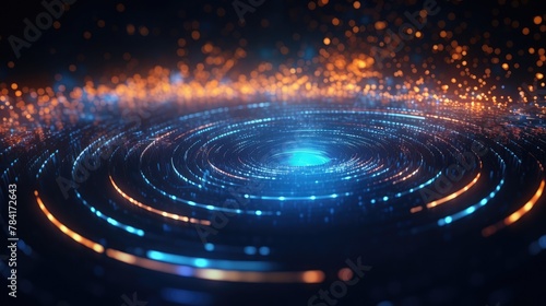 Music waves. Big data concept. digital neural network. Introduction of artificial intelligence. Cyberspace of the future. Data analytics, blockchain technology. 3D illustration of circular paths