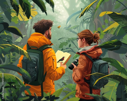 A couple birdwatching in a lush forest, equipped with binoculars and guidebooks