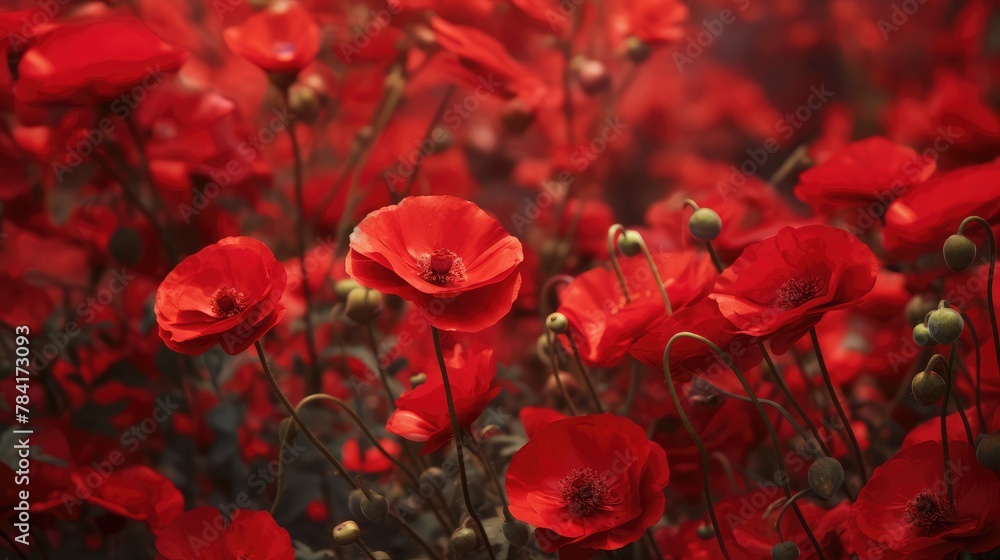 Obraz premium Red flowers cover ground as natural red background in rustic style