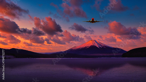 富士山上空を飛行する飛行機合成