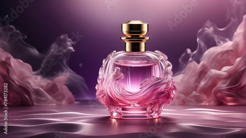 elegant glass or crystal perfume bottle with a background of smoke waves and a pink and purple theme, combining matte painting with digital 3D illustration photo