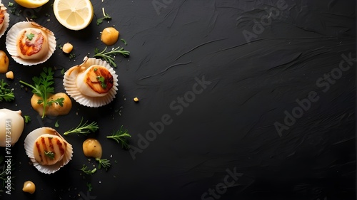 Cooking grilled scallops in a creamy butter lemon or Cajun spicy dripping sauce with herbs is the dish of a fine dining chef. The recipe is displayed as a broad banner poster on a black background  photo