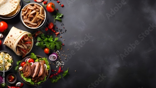 Wide banner with copyspace section featuring freshly cooked grilled donner or shawarma beef wrap roll that's hot and ready to eat. photo