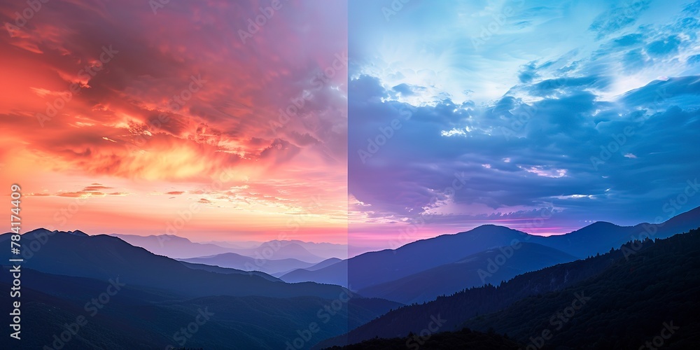 Mountain, Sunrise and Sunset: Captivating views of mountains at dawn and dusk, highlighting vibrant skies. Close Up.