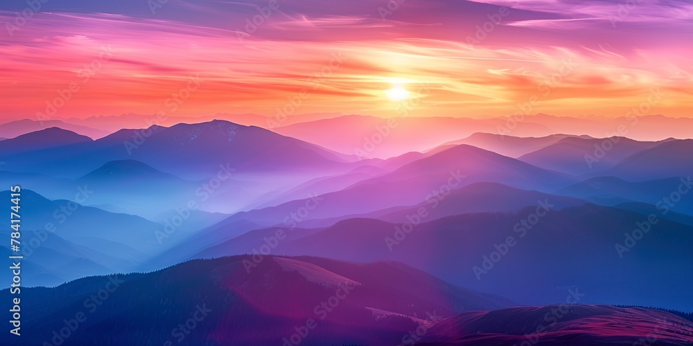 Mountain, Sunrise and Sunset: Captivating views of mountains at dawn and dusk, highlighting vibrant skies. Close Up. 