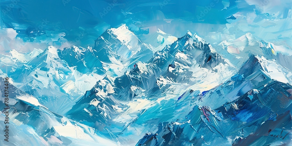 Oil Painting, Mountain, Snow-Capped Peaks: Majestic mountains covered in snow, often sought after for winter themes. Close Up. 