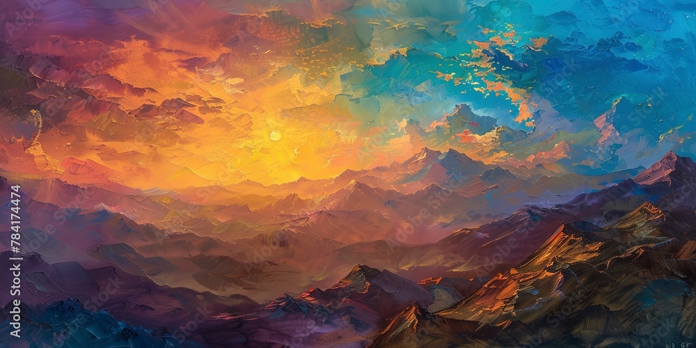 Oil painting, Mountain, Sunrise and Sunset: Captivating views of mountains at dawn and dusk, highlighting vibrant skies. Close Up.
