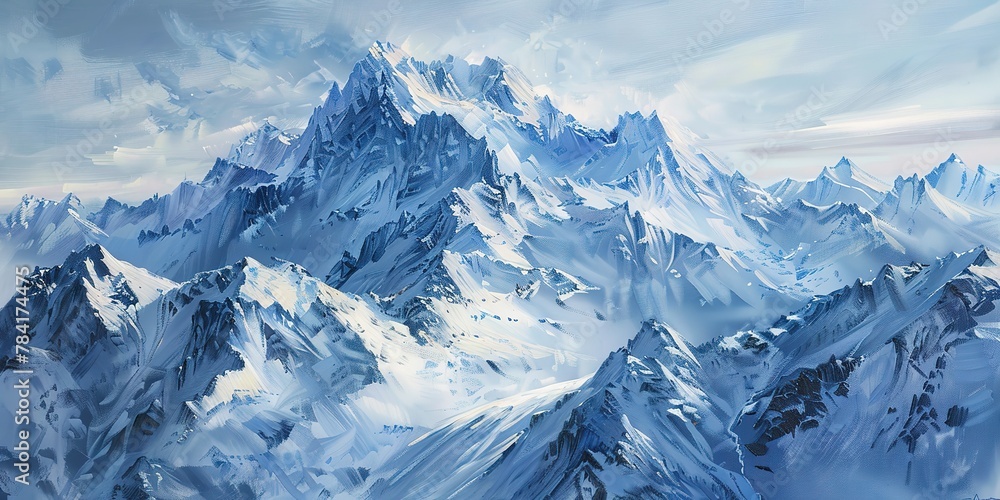 Obraz premium Oil Painting, Mountain, Snow-Capped Peaks: Majestic mountains covered in snow, often sought after for winter themes. Close Up. 